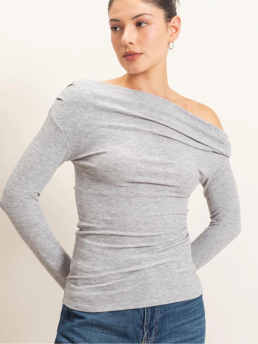 NEW HYFVE Heather Gray Asymmetrical Off-Shoulder Ruched Long Sleeve Top S/M/L